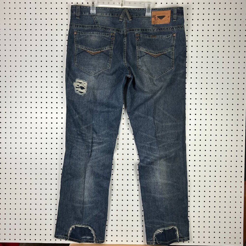 Parish Nation Y2K Blue Jeans 42x34 Distressed Worn Upcycled Skater Grunge Dark - Picture 4 of 9